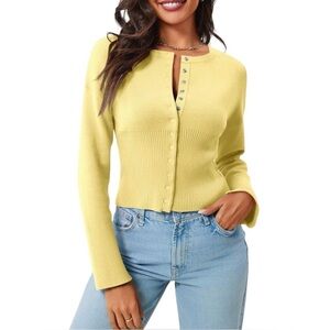 Womens Cropped Long Sleeve Cardigan Sweater Yellow